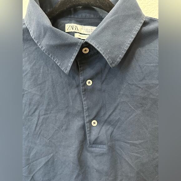 Zara Textured Polo Short Sleeve Navy Blue Men Shirt Regular Fit Size Large - Picture 6 of 6